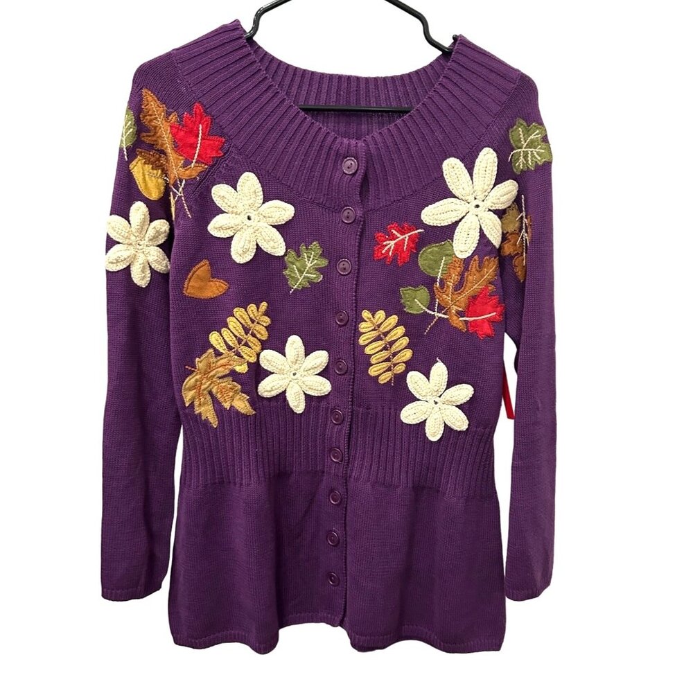 Classic Elements NWT Purple Embroidered Floral Leaf Cardigan Sweater Sz Large